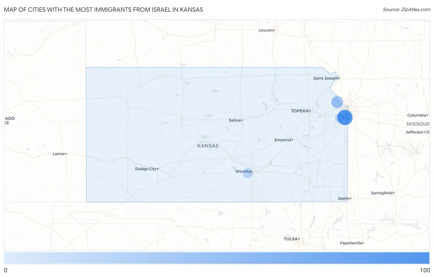 Cities with the Most Immigrants from Israel in Kansas Map