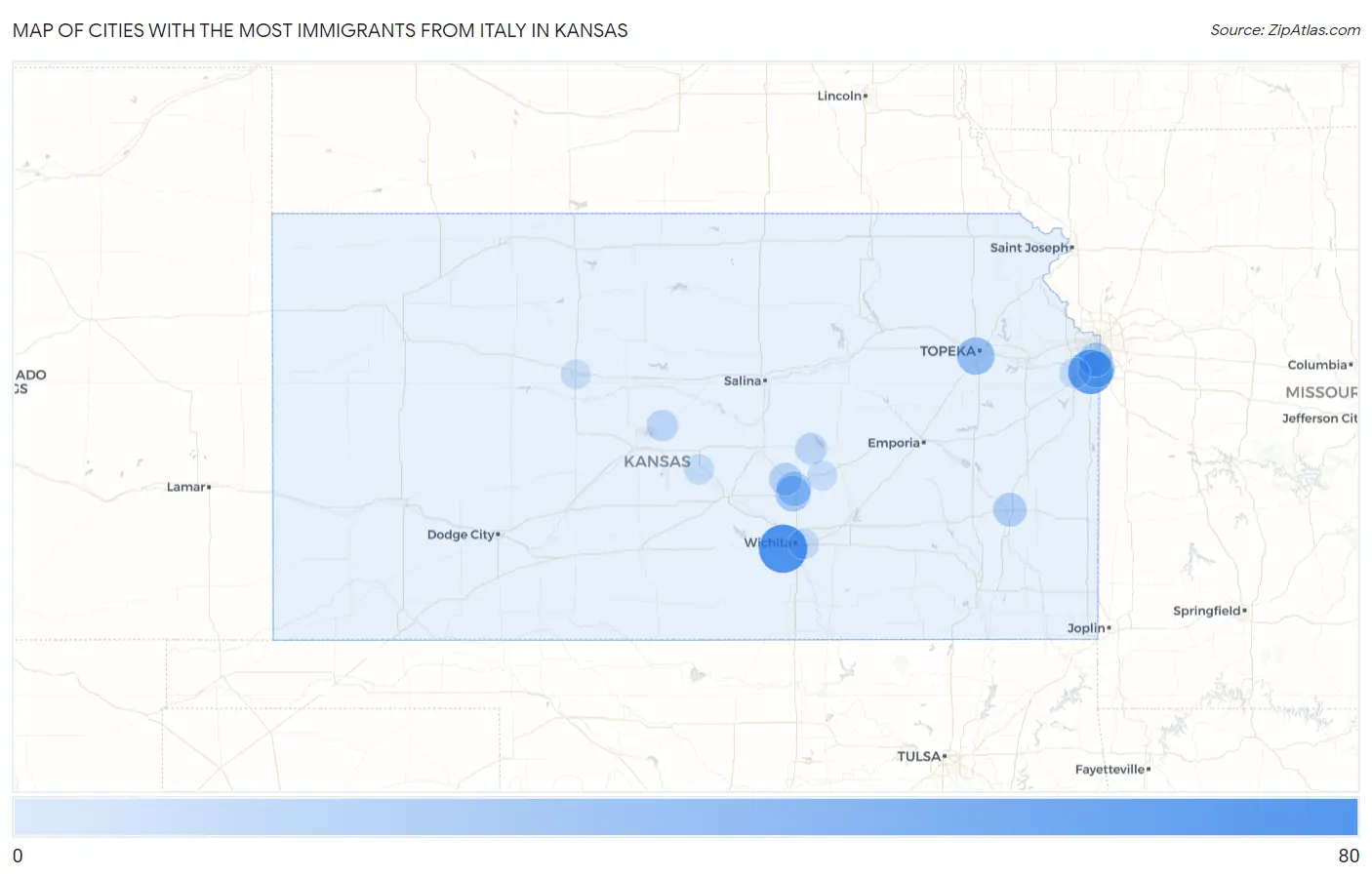 Cities with the Most Immigrants from Italy in Kansas Map