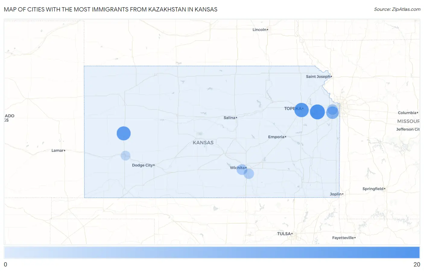 Cities with the Most Immigrants from Kazakhstan in Kansas Map