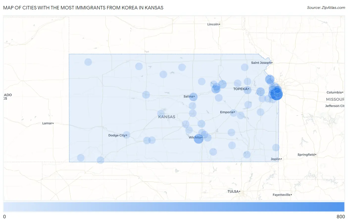 Cities with the Most Immigrants from Korea in Kansas Map