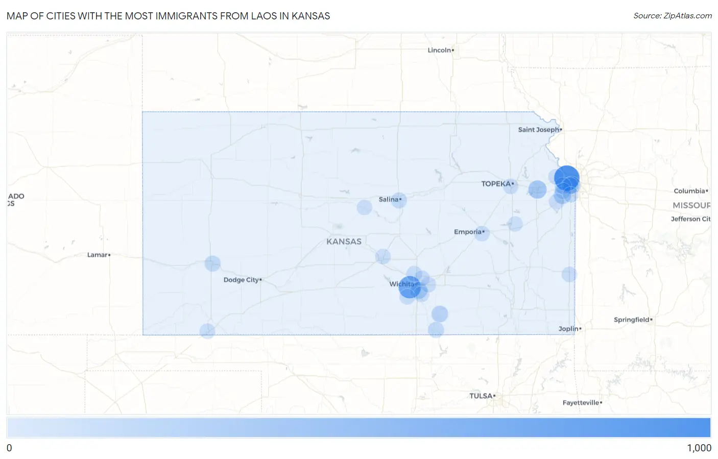 Cities with the Most Immigrants from Laos in Kansas Map