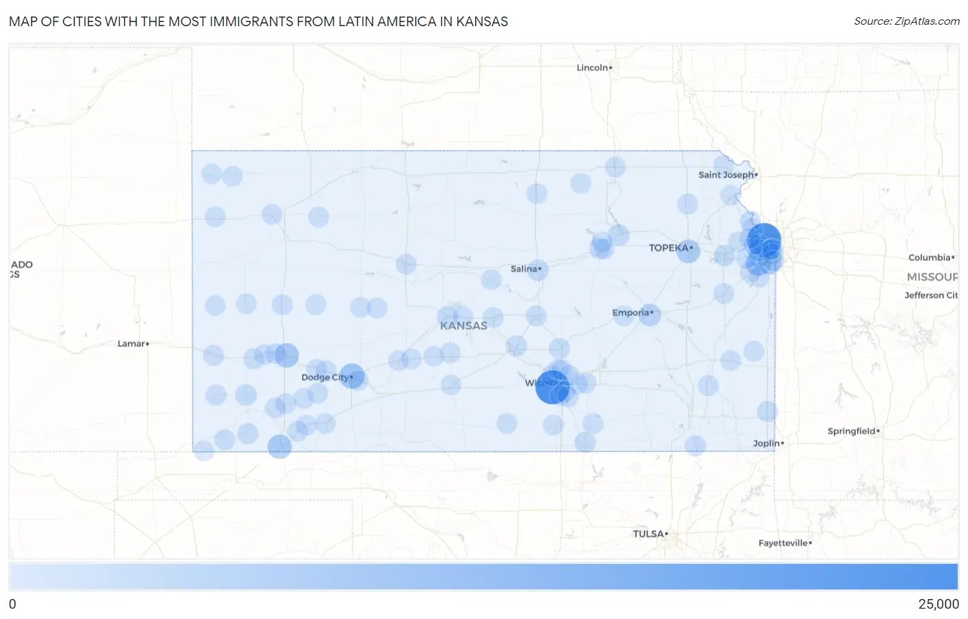 Cities with the Most Immigrants from Latin America in Kansas Map