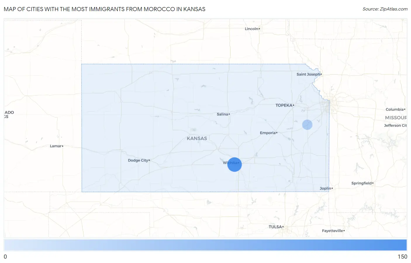 Cities with the Most Immigrants from Morocco in Kansas Map