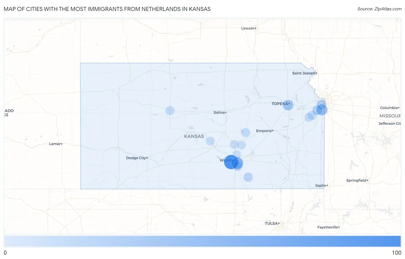 Cities with the Most Immigrants from Netherlands in Kansas Map