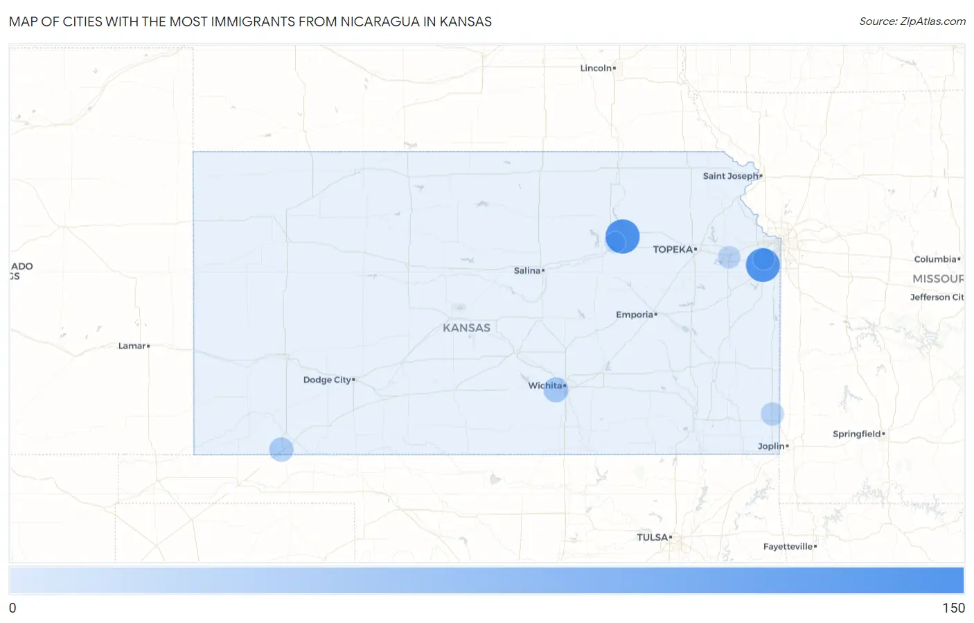 Cities with the Most Immigrants from Nicaragua in Kansas Map