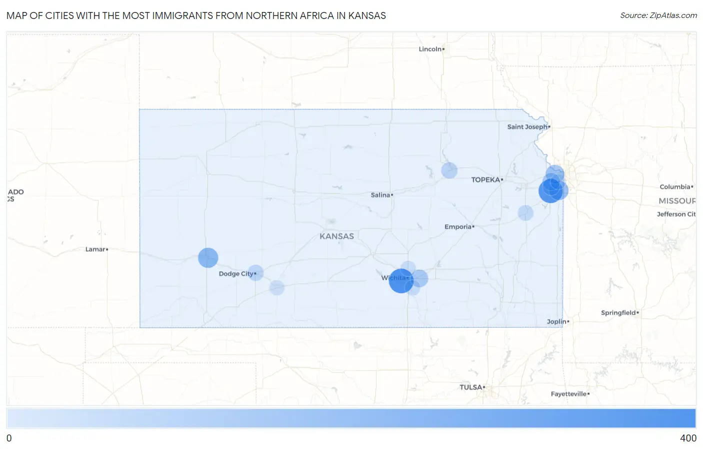 Cities with the Most Immigrants from Northern Africa in Kansas Map