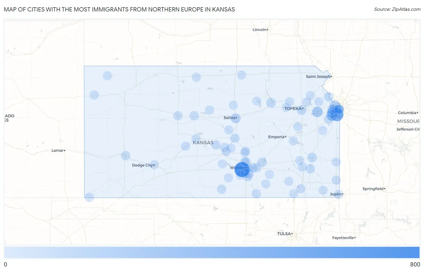 Cities with the Most Immigrants from Northern Europe in Kansas Map