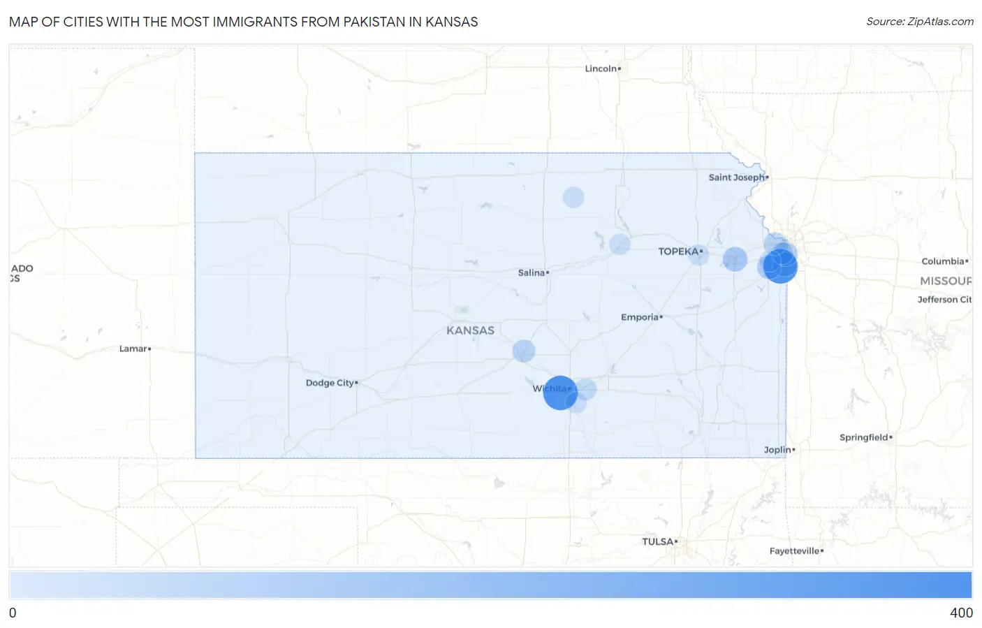 Cities with the Most Immigrants from Pakistan in Kansas Map