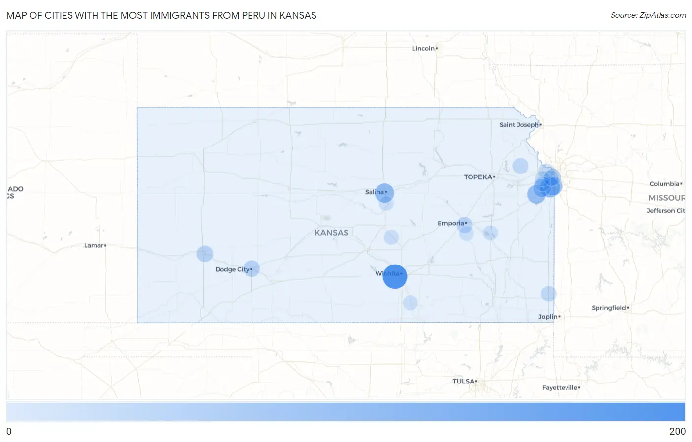 Cities with the Most Immigrants from Peru in Kansas Map