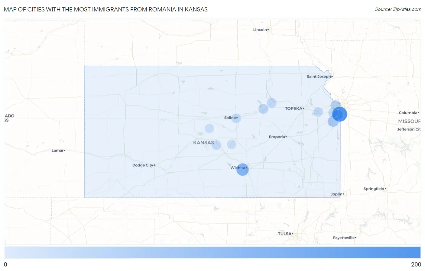Cities with the Most Immigrants from Romania in Kansas Map