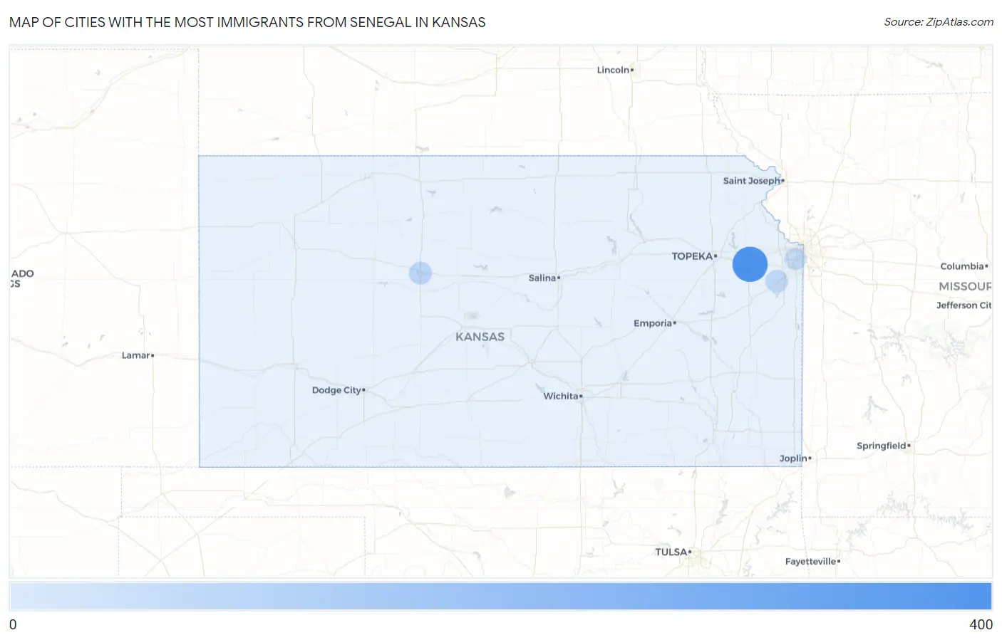 Cities with the Most Immigrants from Senegal in Kansas Map
