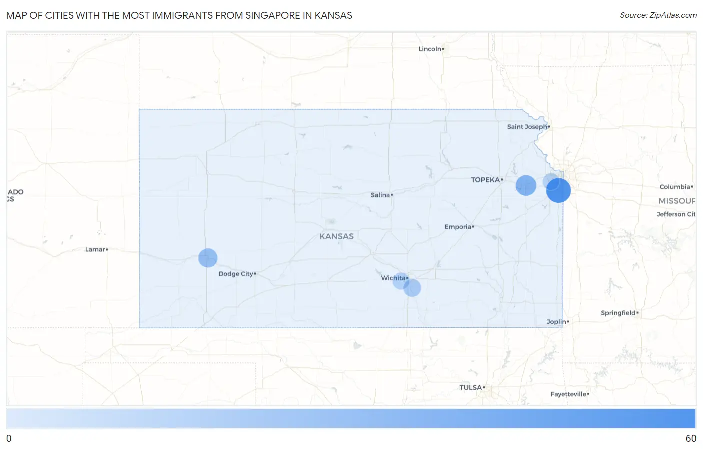 Cities with the Most Immigrants from Singapore in Kansas Map