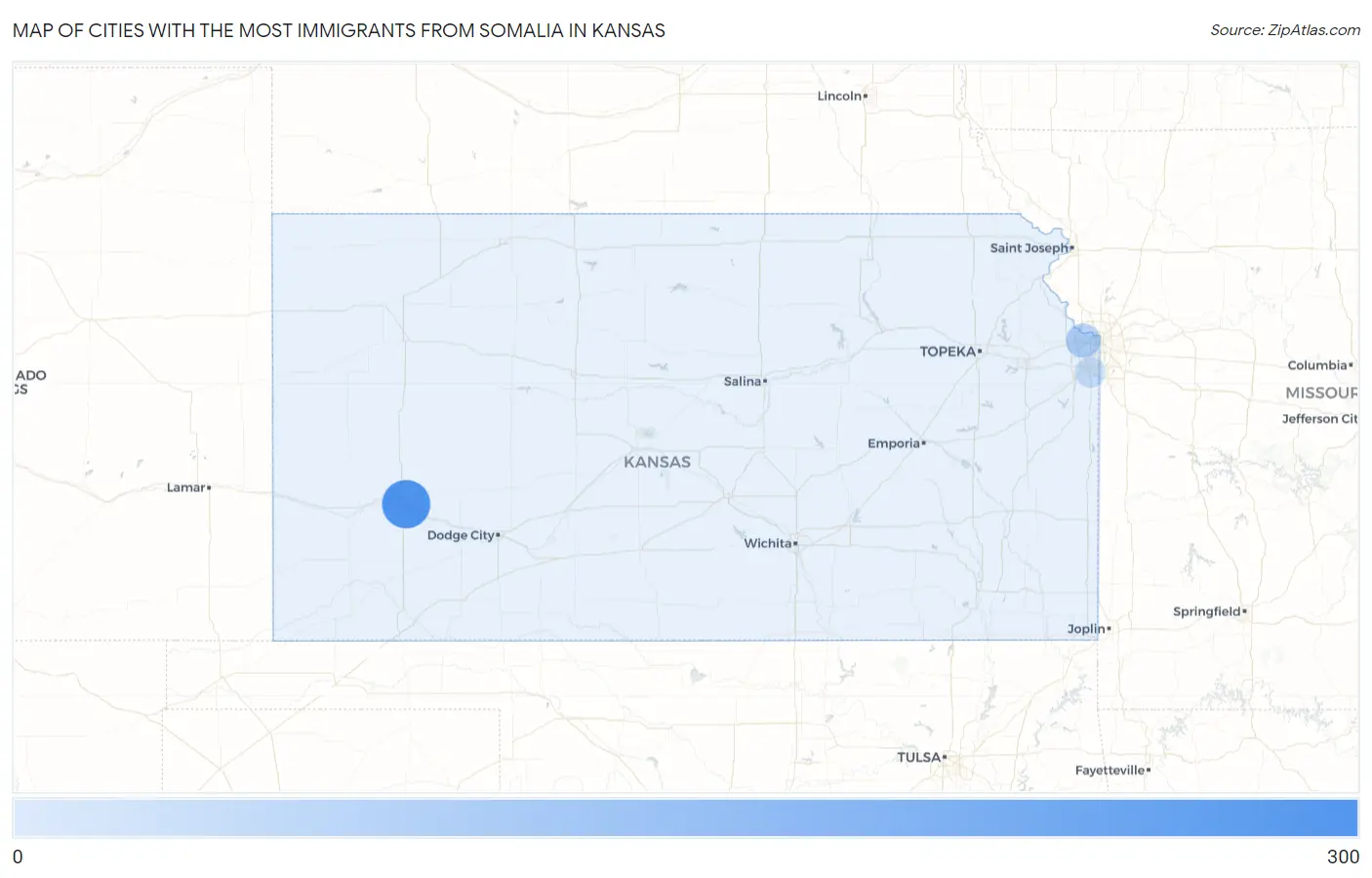 Cities with the Most Immigrants from Somalia in Kansas Map