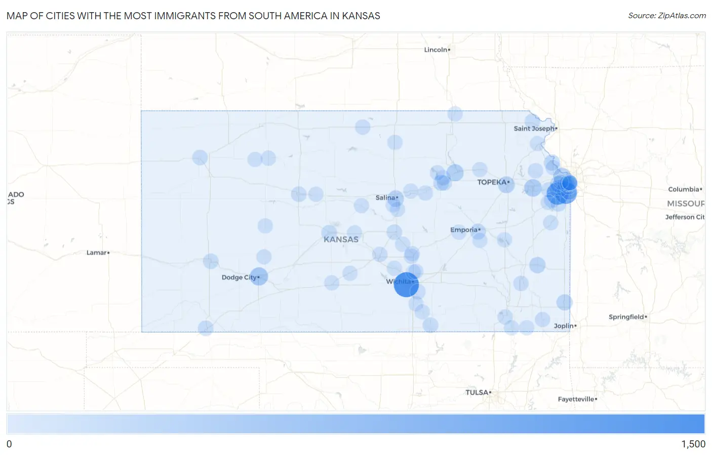 Cities with the Most Immigrants from South America in Kansas Map
