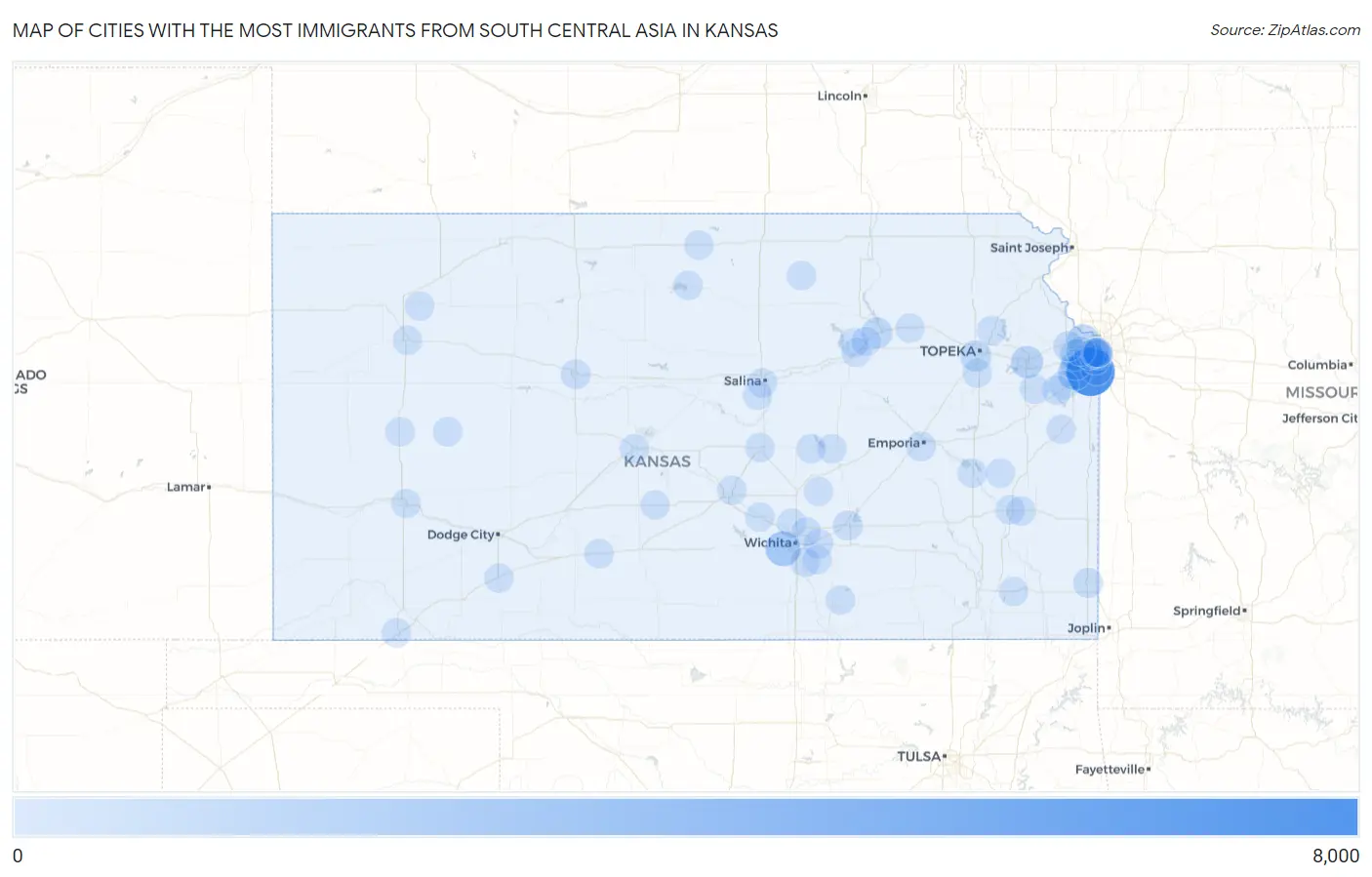 Cities with the Most Immigrants from South Central Asia in Kansas Map
