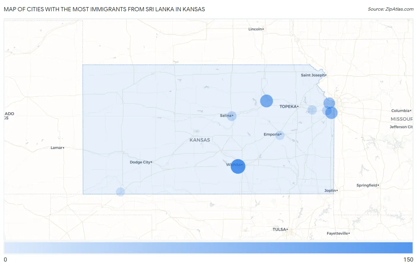 Cities with the Most Immigrants from Sri Lanka in Kansas Map