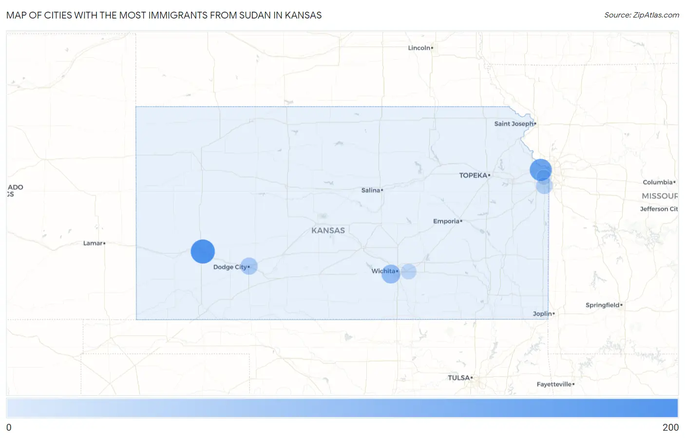Cities with the Most Immigrants from Sudan in Kansas Map