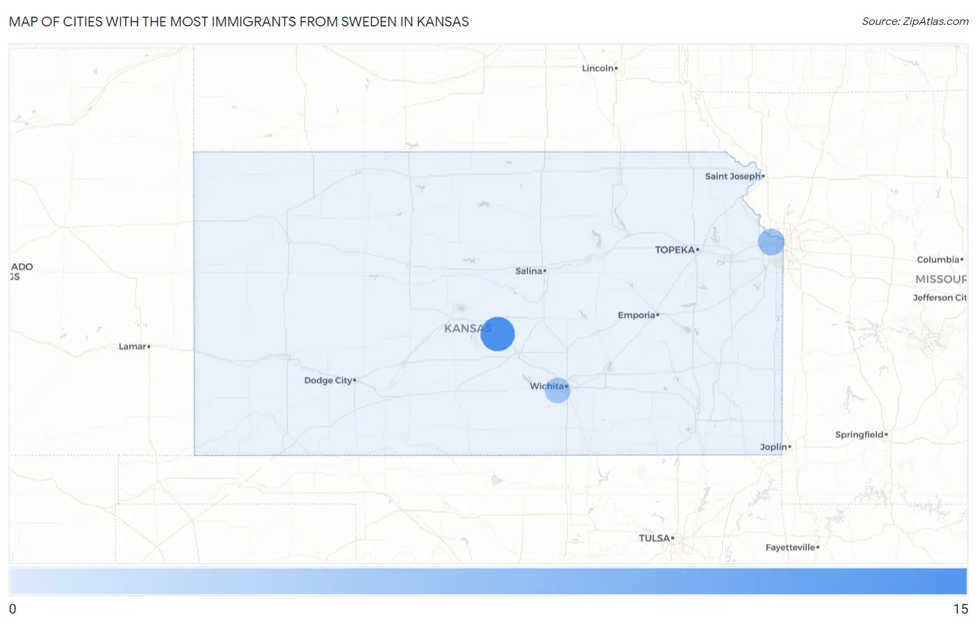 Cities with the Most Immigrants from Sweden in Kansas Map