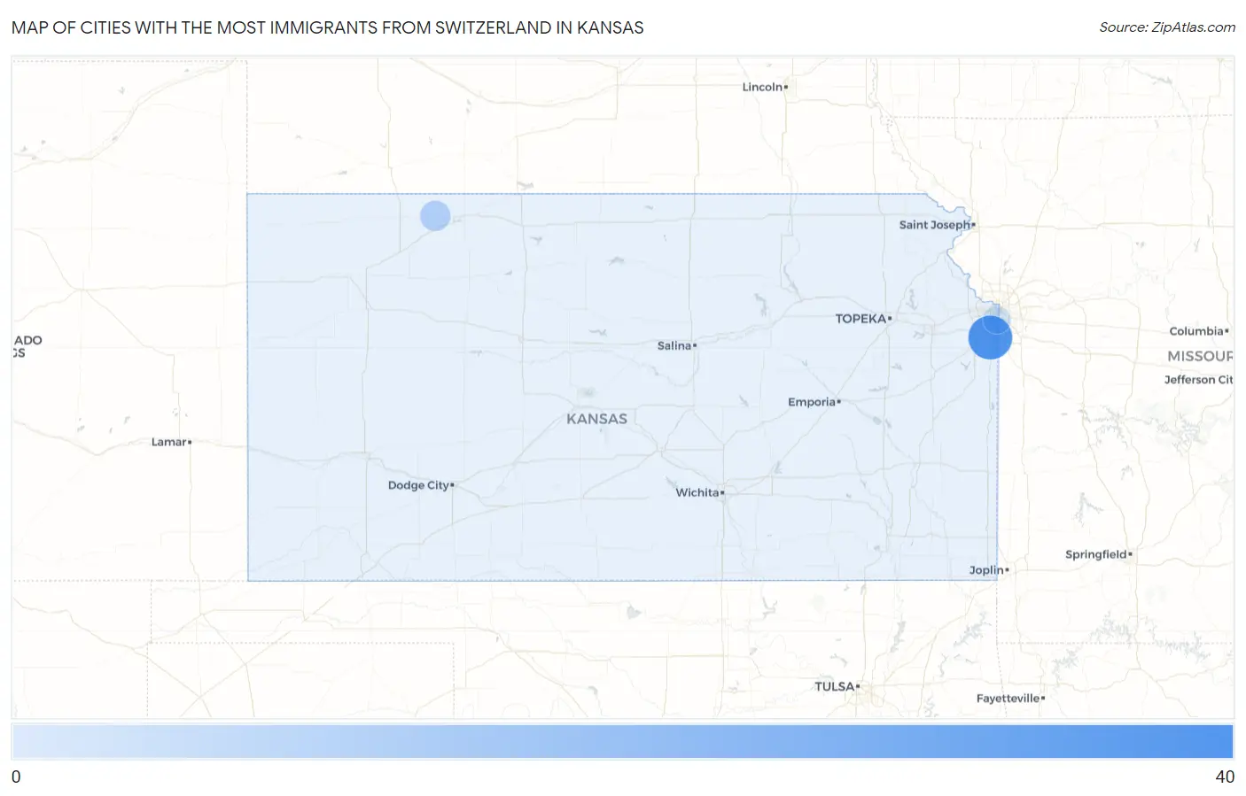 Cities with the Most Immigrants from Switzerland in Kansas Map