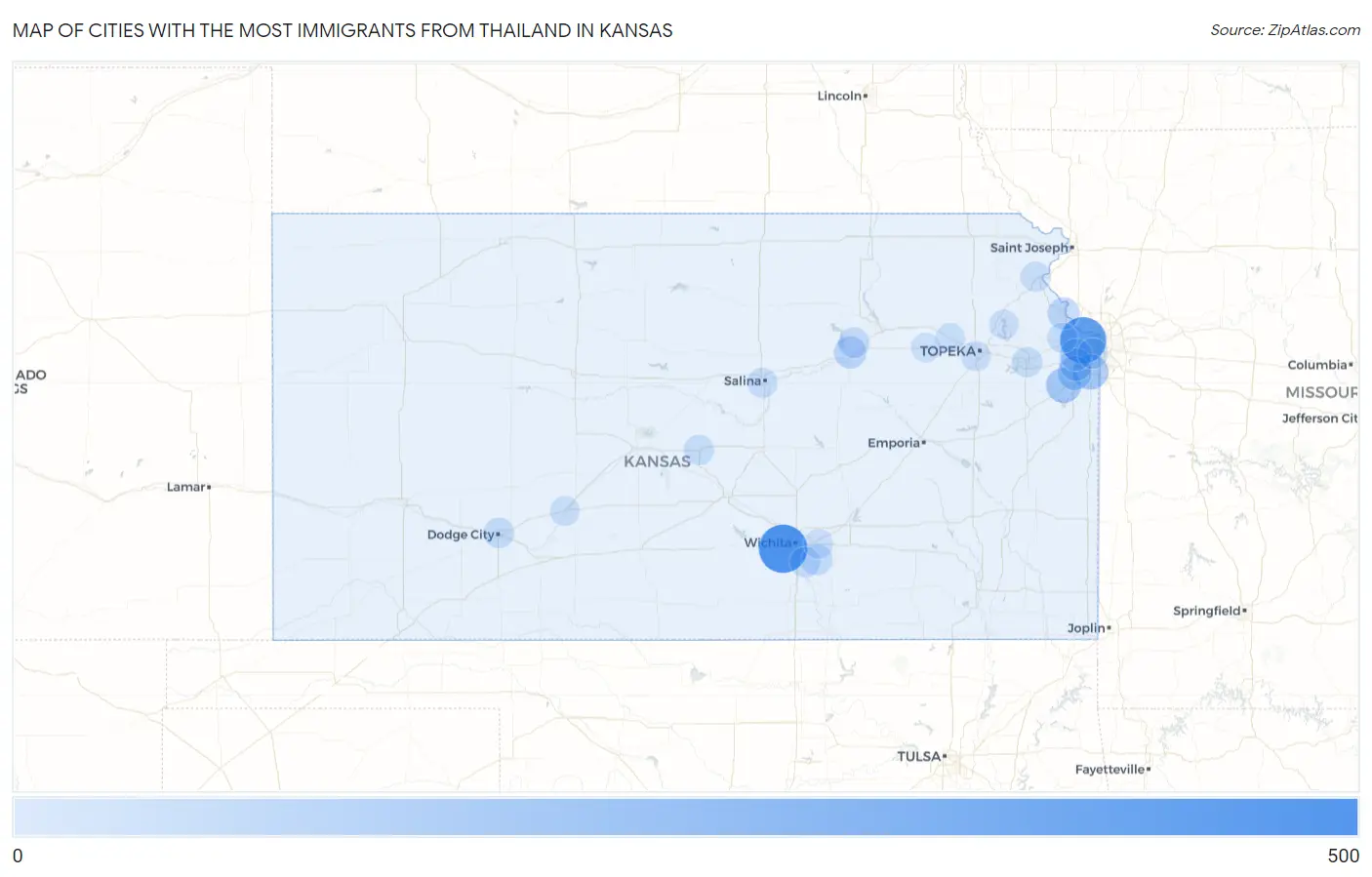 Cities with the Most Immigrants from Thailand in Kansas Map