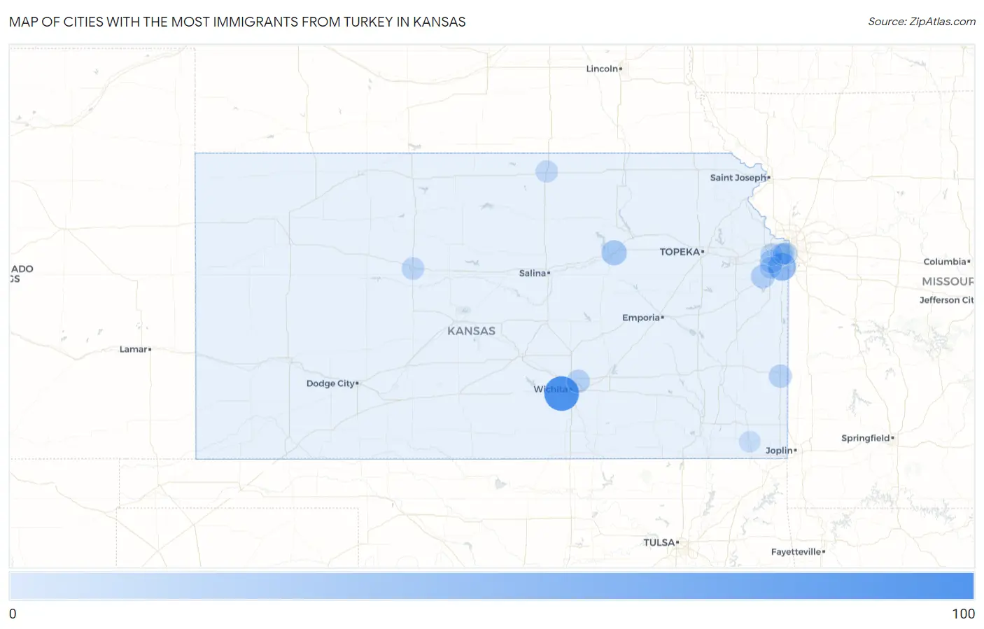 Cities with the Most Immigrants from Turkey in Kansas Map