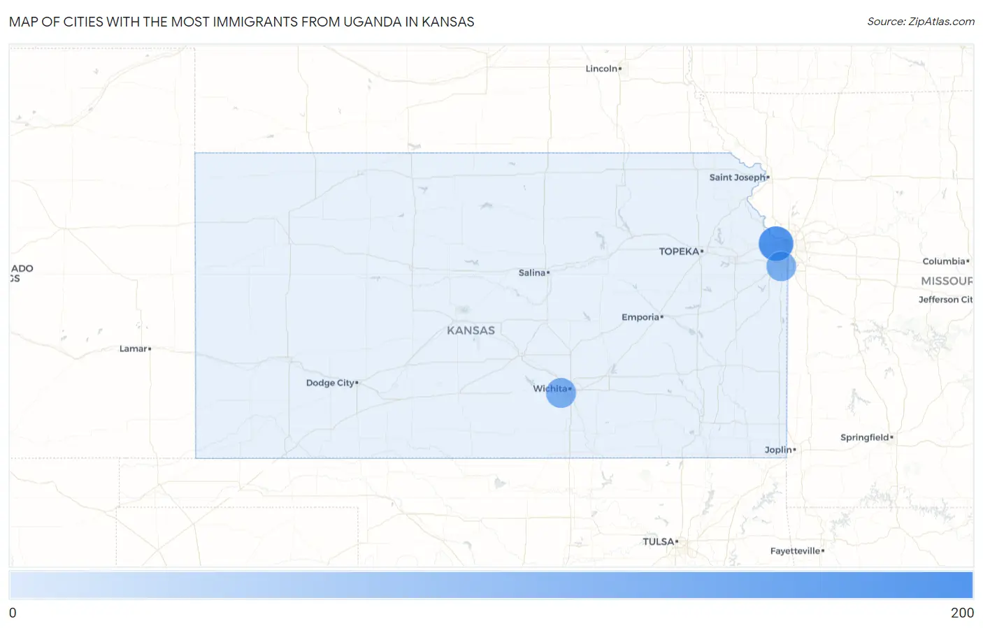 Cities with the Most Immigrants from Uganda in Kansas Map