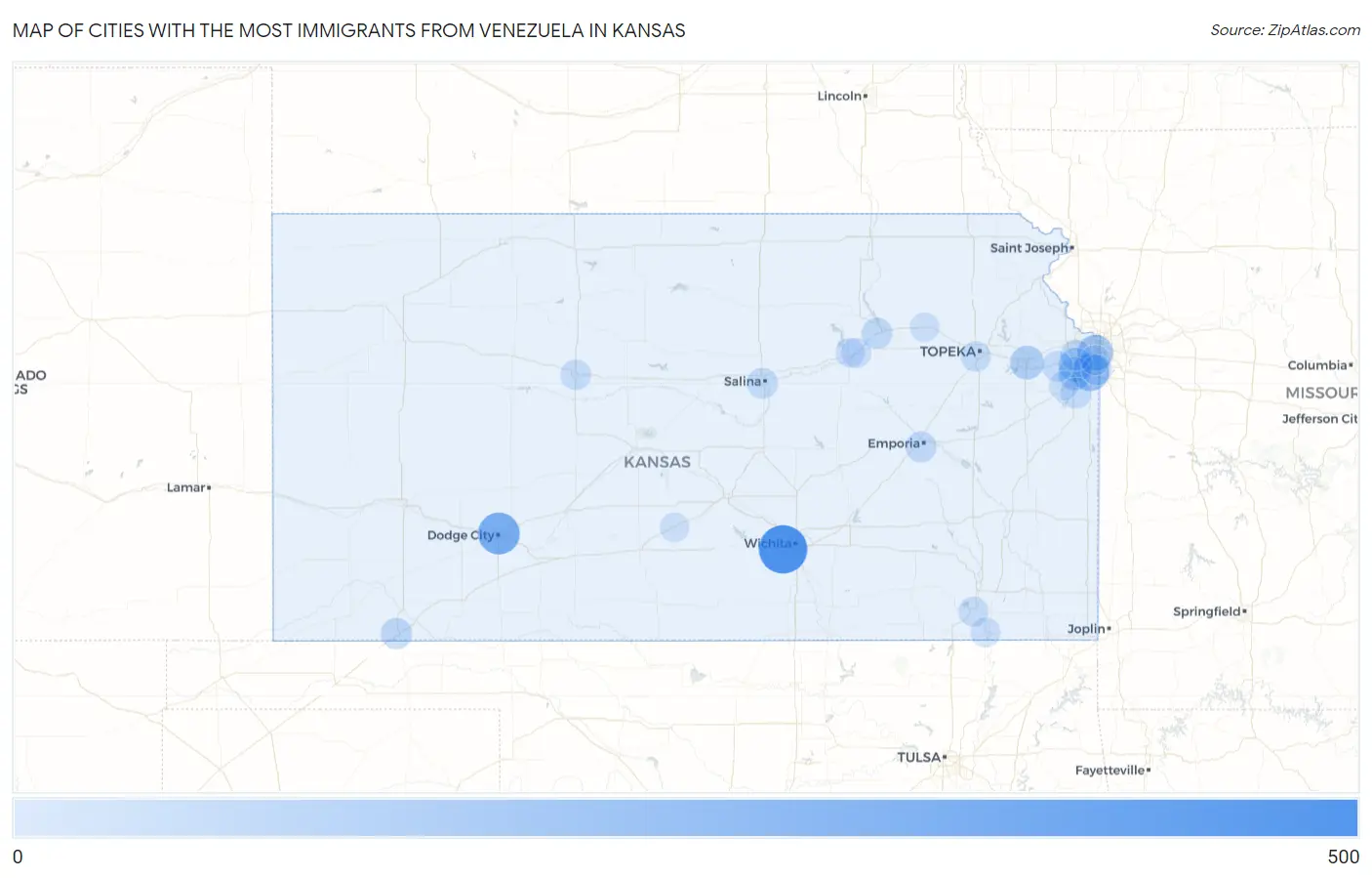 Cities with the Most Immigrants from Venezuela in Kansas Map