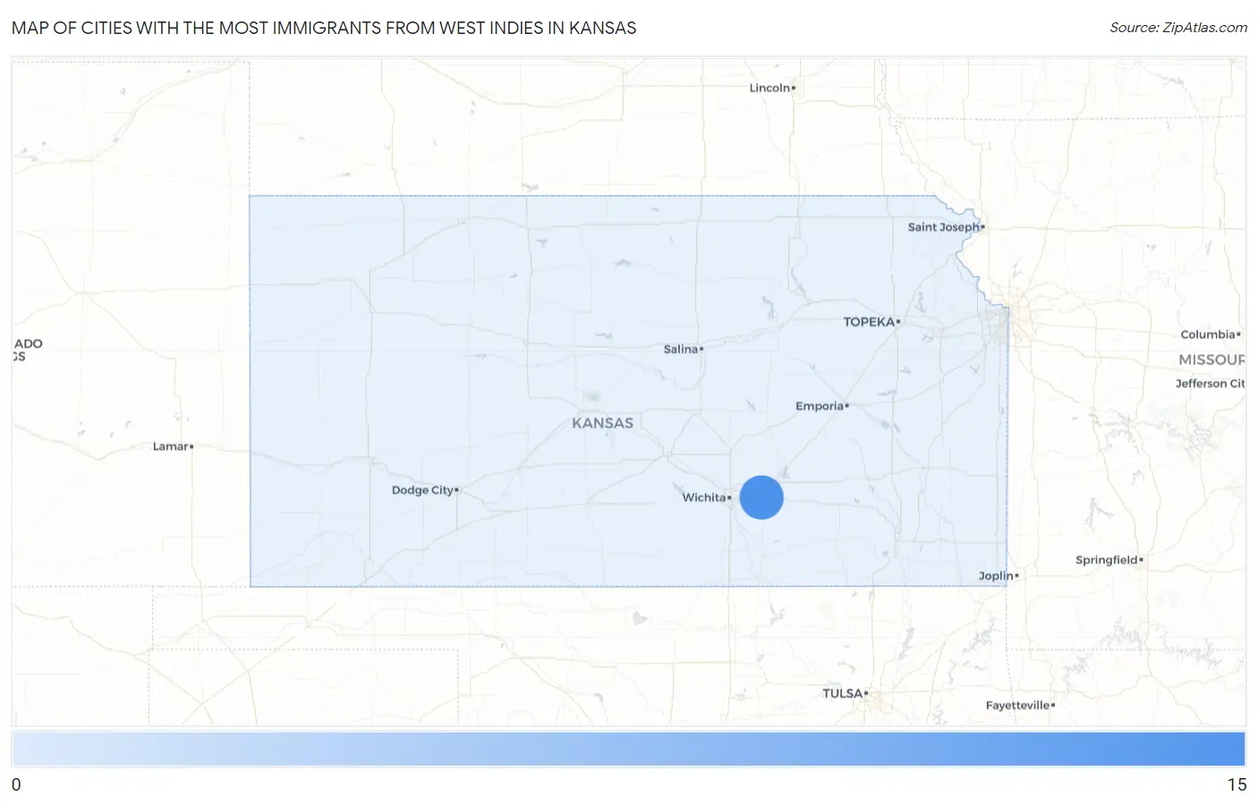 Cities with the Most Immigrants from West Indies in Kansas Map
