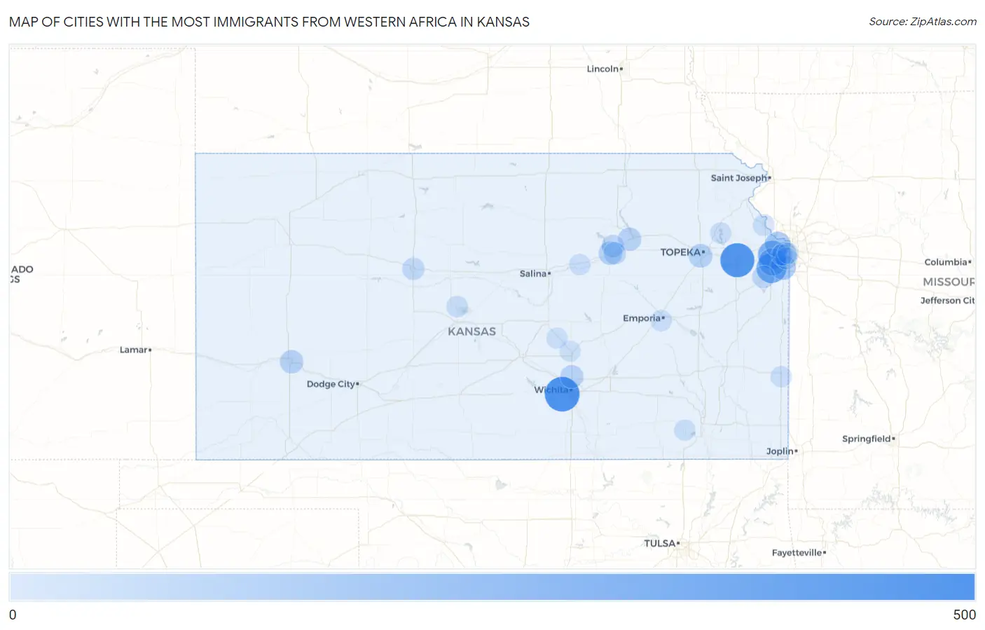 Cities with the Most Immigrants from Western Africa in Kansas Map