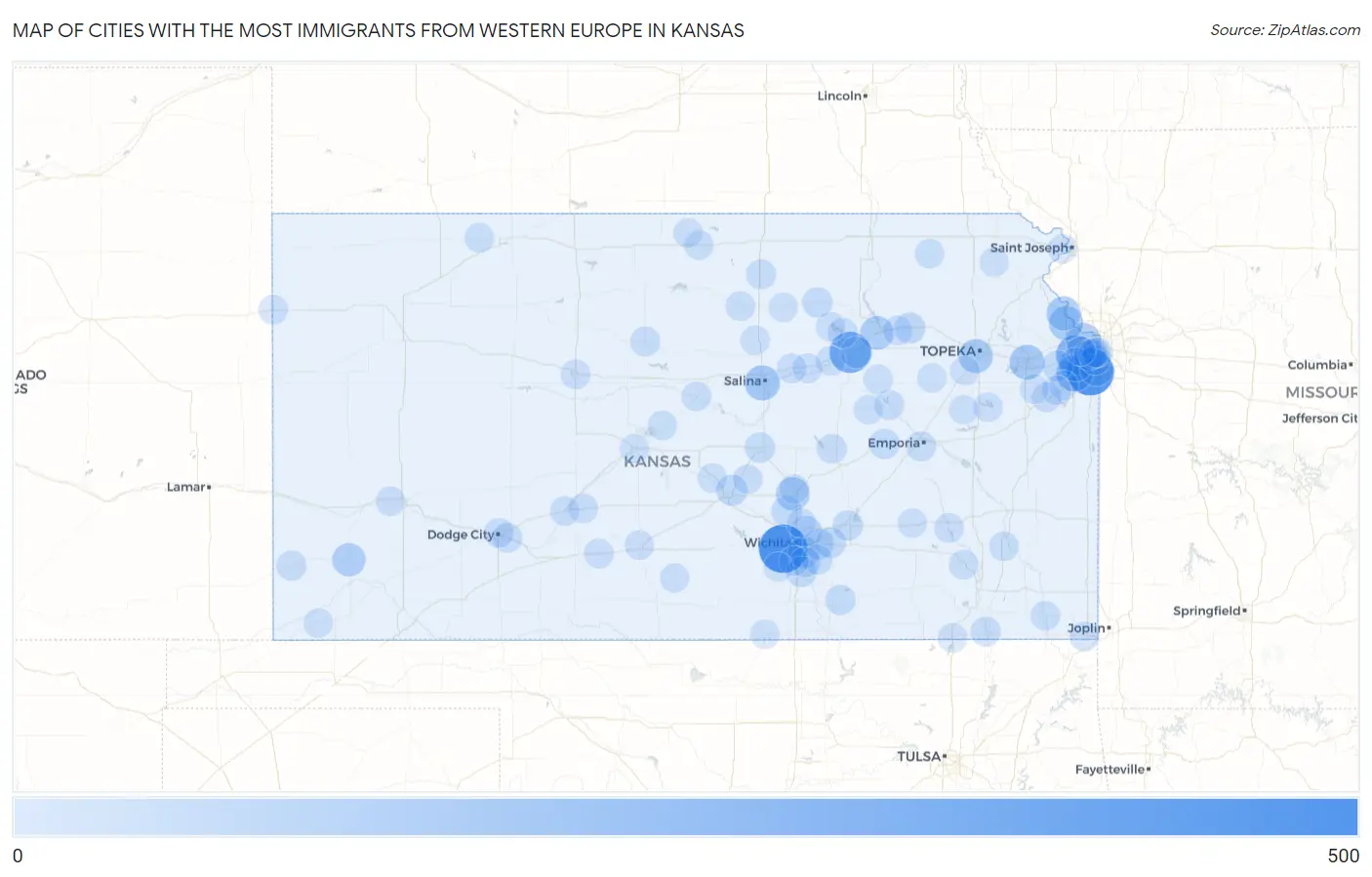 Cities with the Most Immigrants from Western Europe in Kansas Map