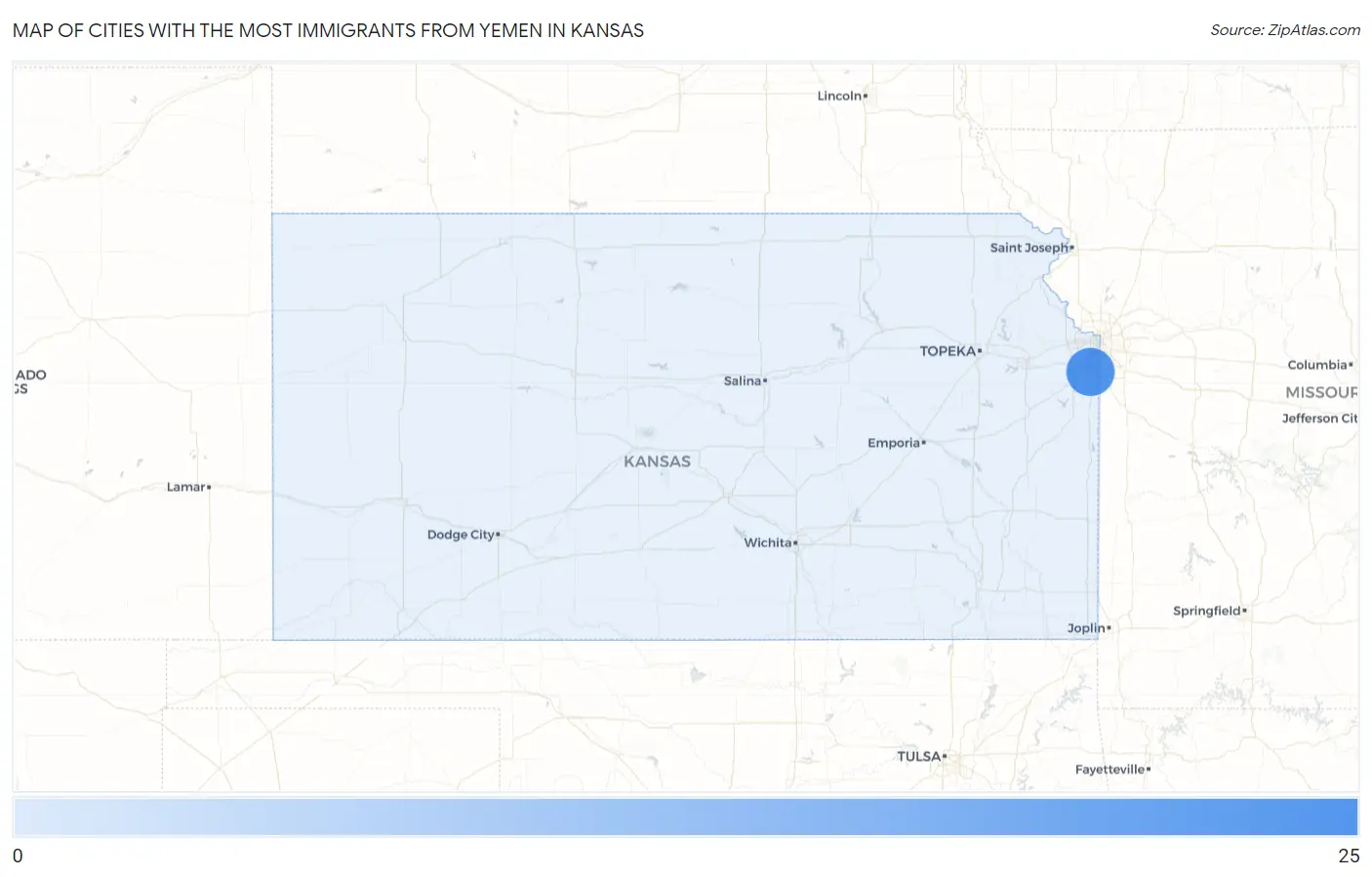 Cities with the Most Immigrants from Yemen in Kansas Map