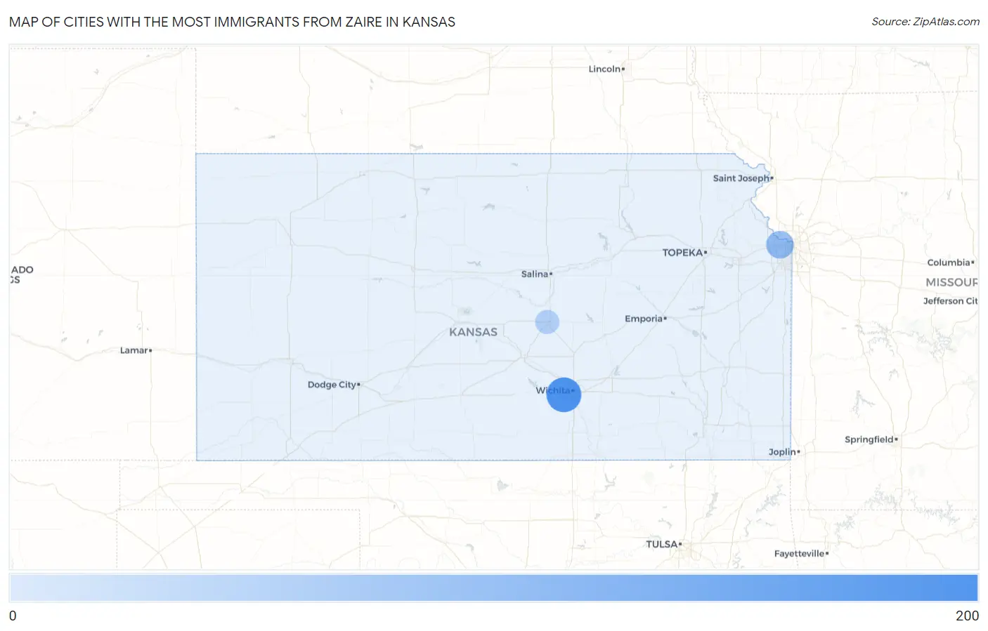 Cities with the Most Immigrants from Zaire in Kansas Map