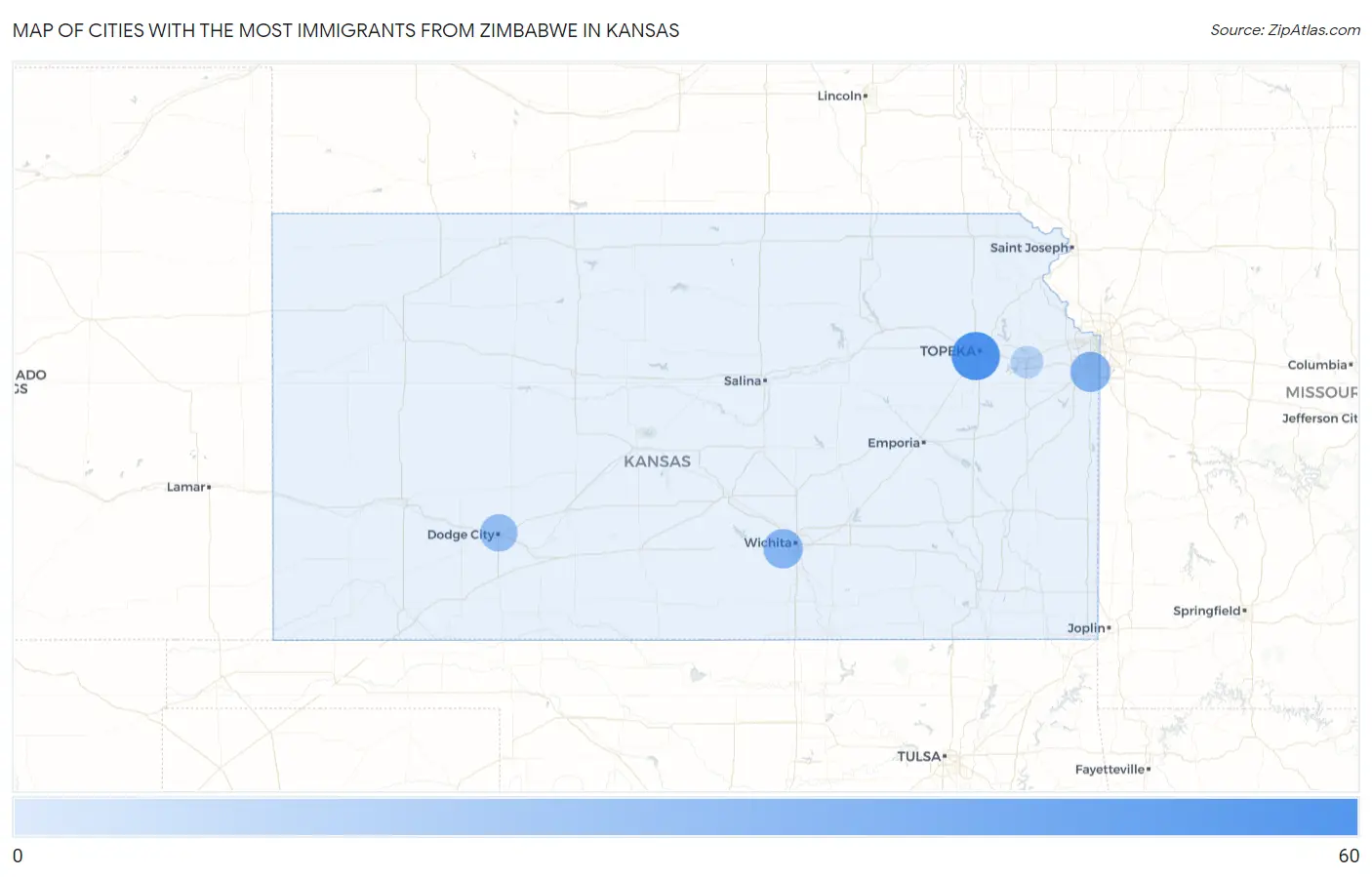 Cities with the Most Immigrants from Zimbabwe in Kansas Map
