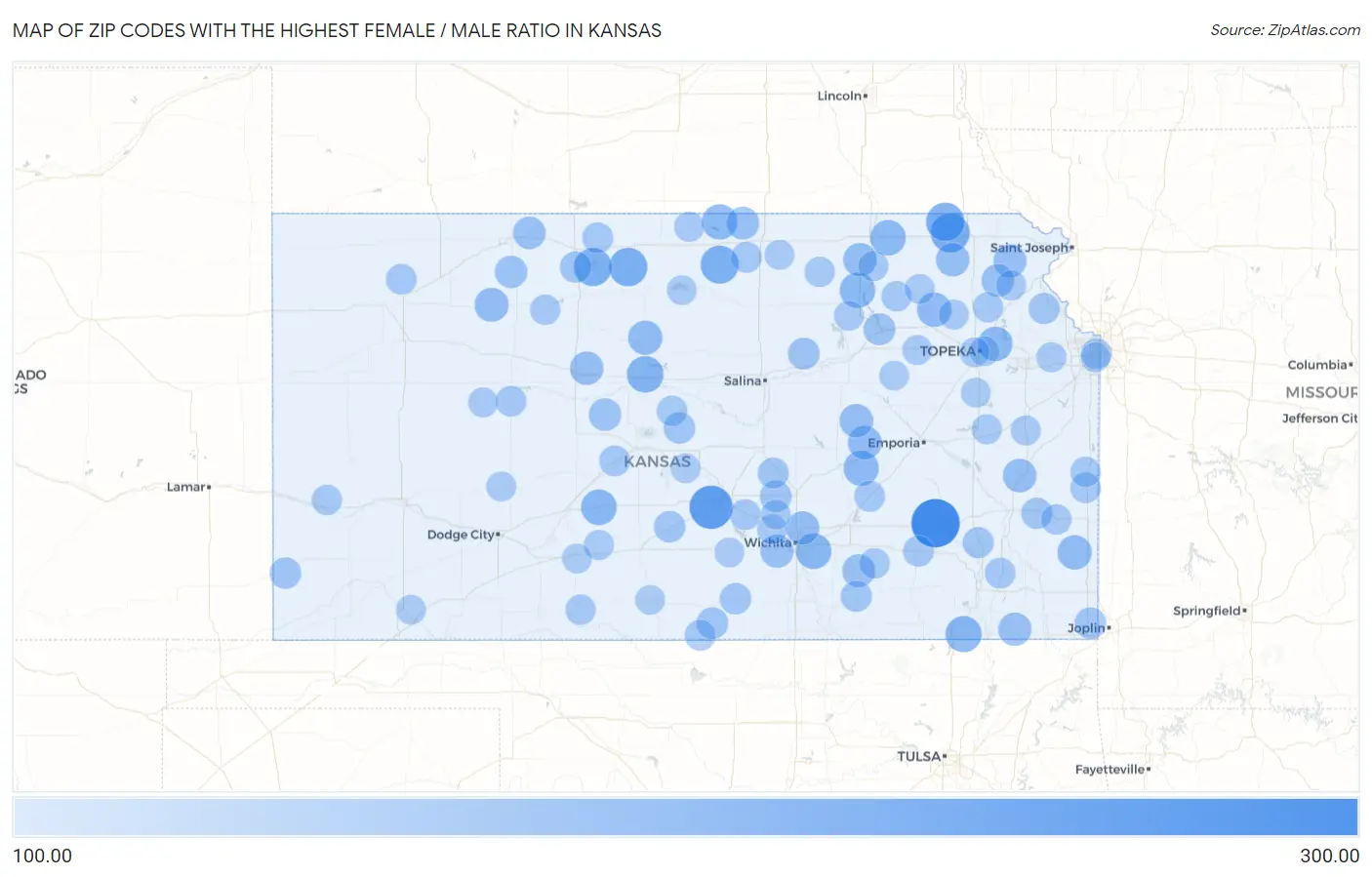 Zip Codes with the Highest Female / Male Ratio in Kansas Map