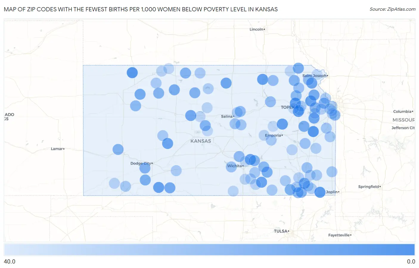 Zip Codes with the Fewest Births per 1,000 Women Below Poverty Level in Kansas Map