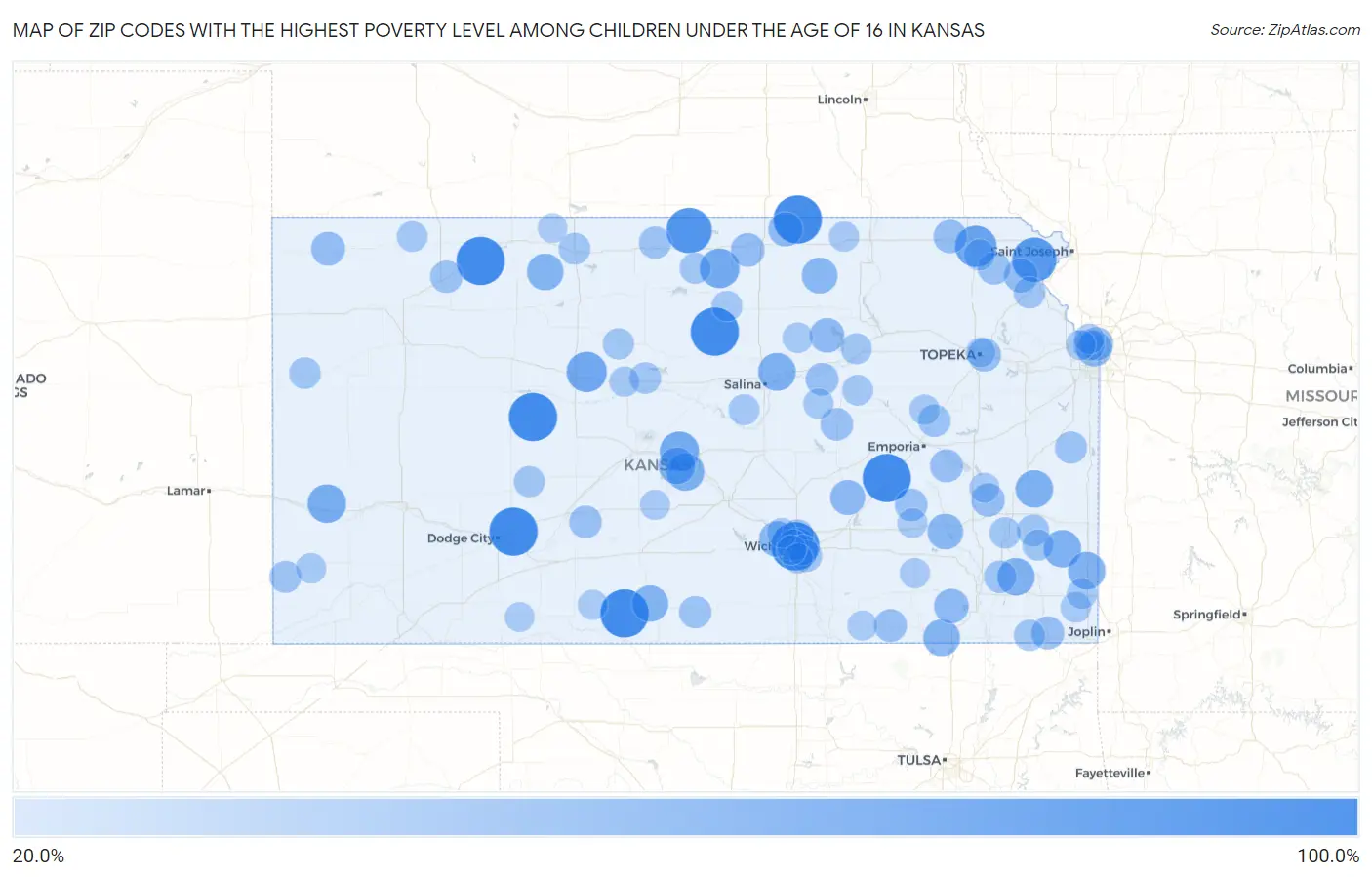 Zip Codes with the Highest Poverty Level Among Children Under the Age of 16 in Kansas Map