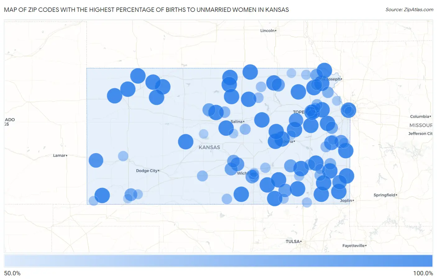 Zip Codes with the Highest Percentage of Births to Unmarried Women in Kansas Map