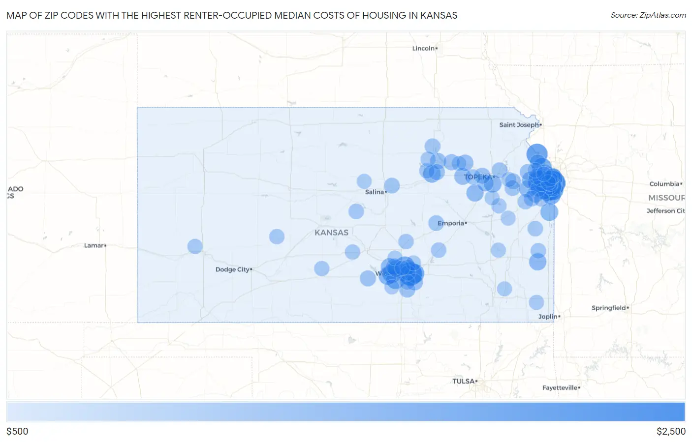 Zip Codes with the Highest Renter-Occupied Median Costs of Housing in Kansas Map