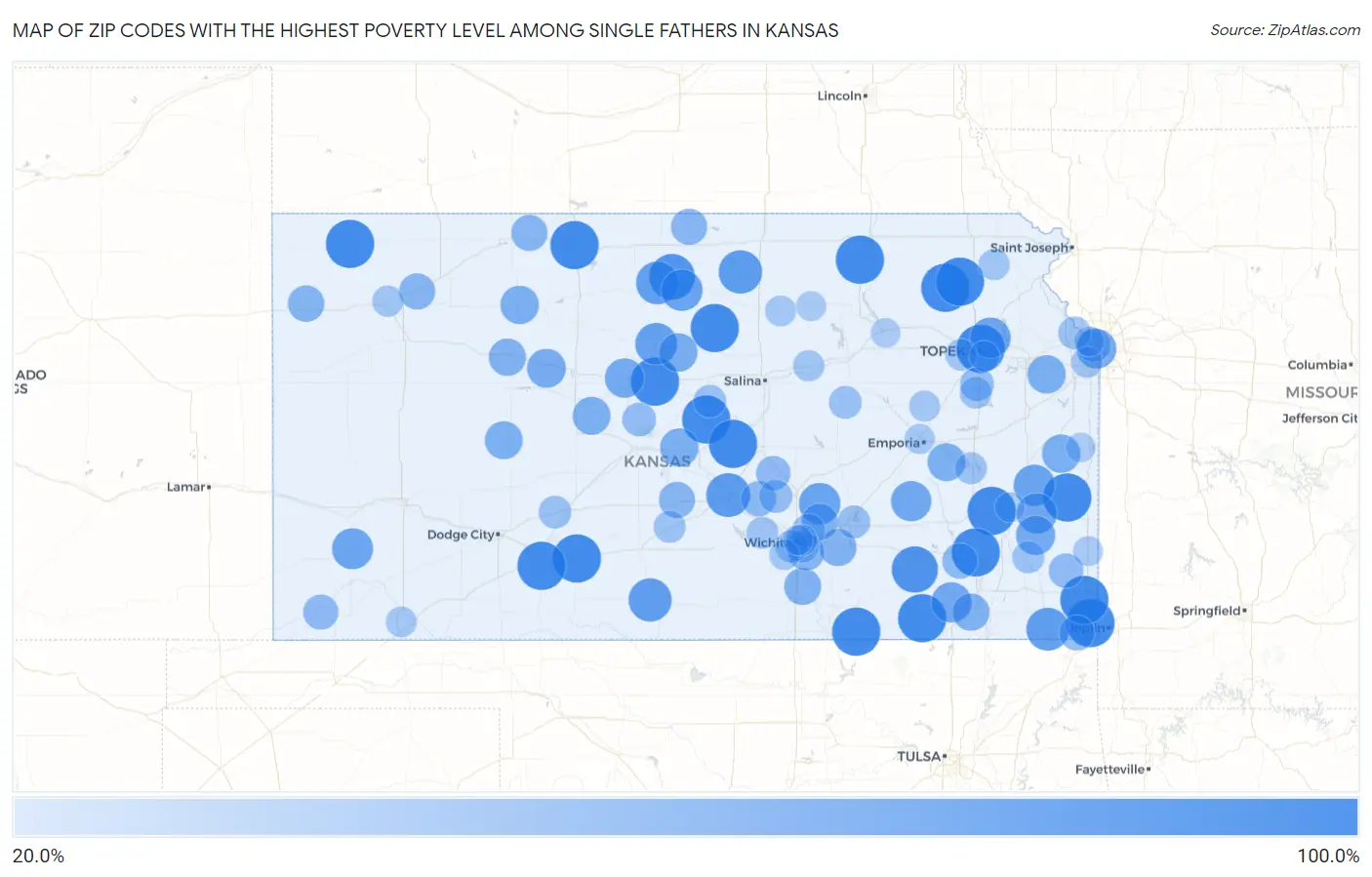 Zip Codes with the Highest Poverty Level Among Single Fathers in Kansas Map