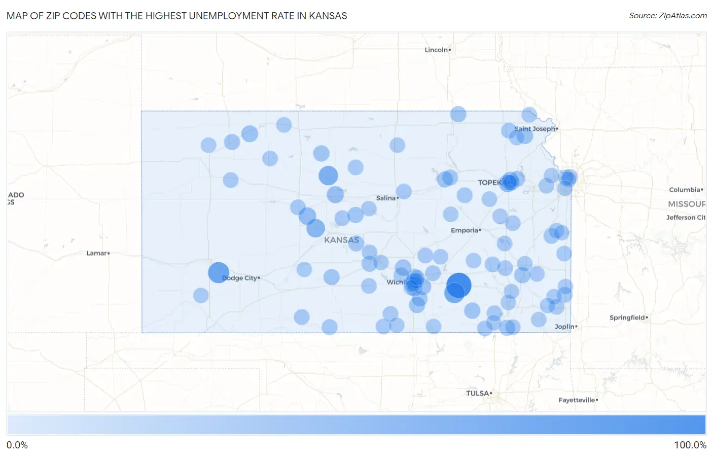 Zip Codes with the Highest Unemployment Rate in Kansas Map