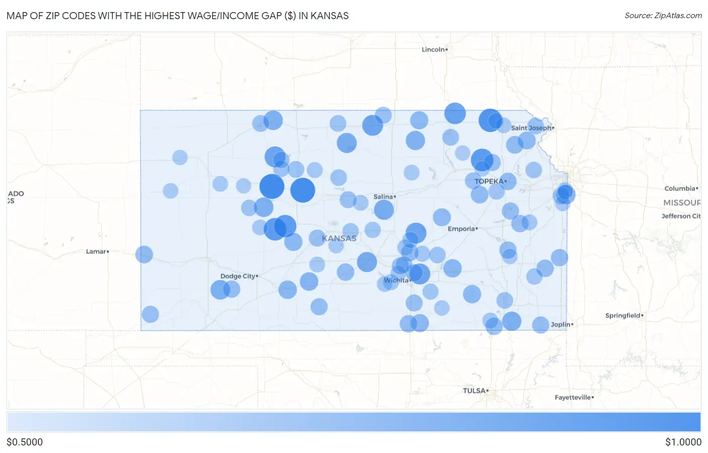 Zip Codes with the Highest Wage/Income Gap ($) in Kansas Map
