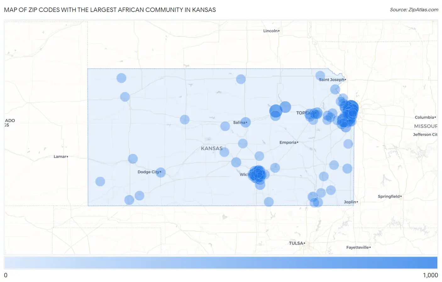 Zip Codes with the Largest African Community in Kansas Map