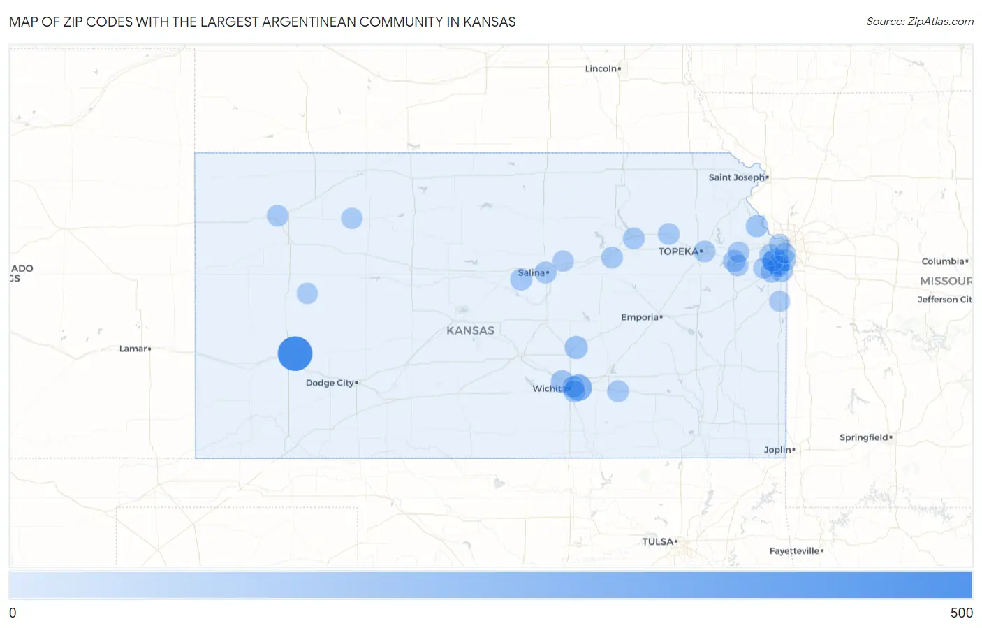 Zip Codes with the Largest Argentinean Community in Kansas Map