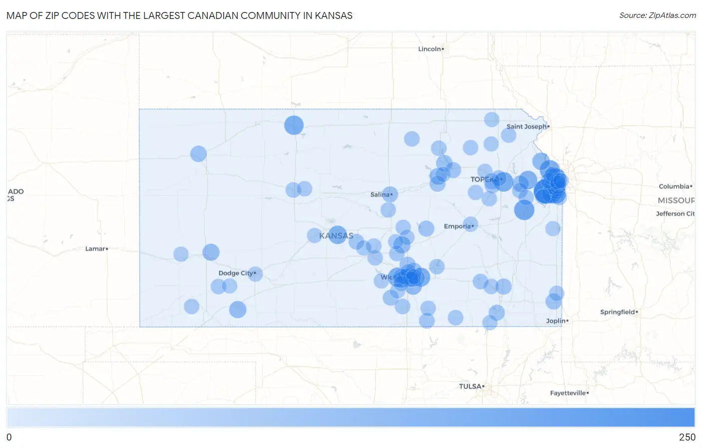 Zip Codes with the Largest Canadian Community in Kansas Map