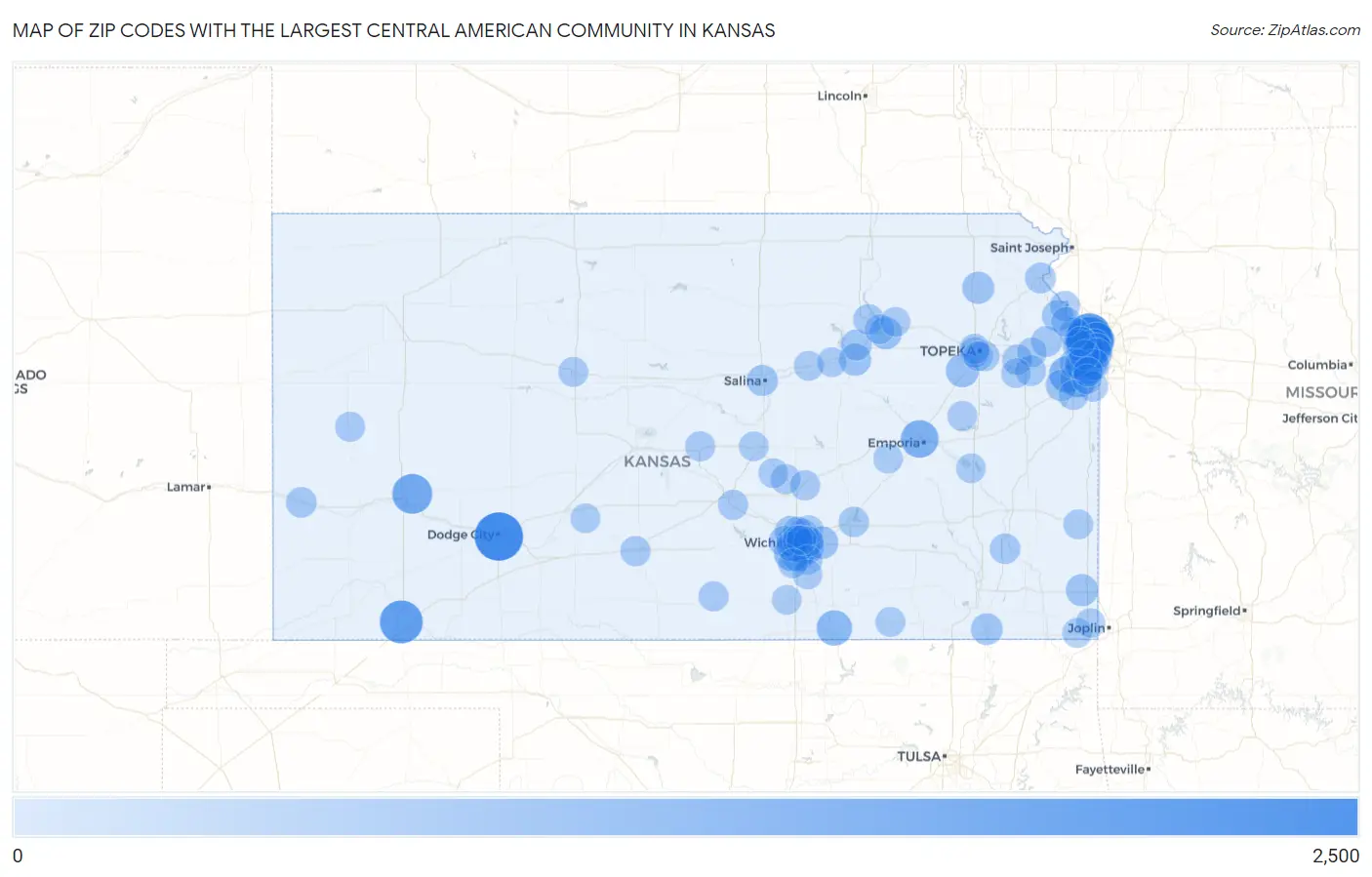 Zip Codes with the Largest Central American Community in Kansas Map