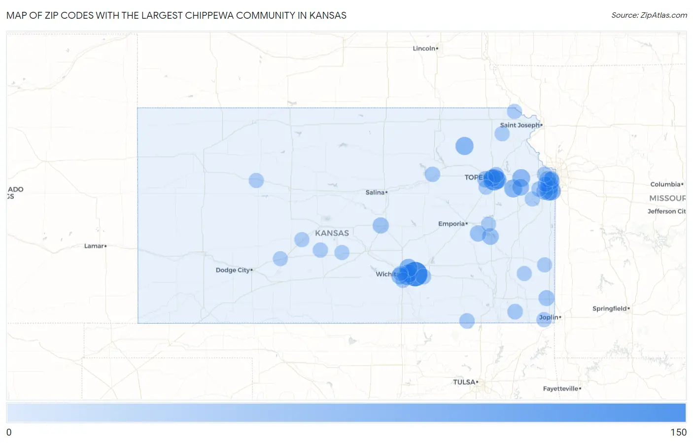 Zip Codes with the Largest Chippewa Community in Kansas Map