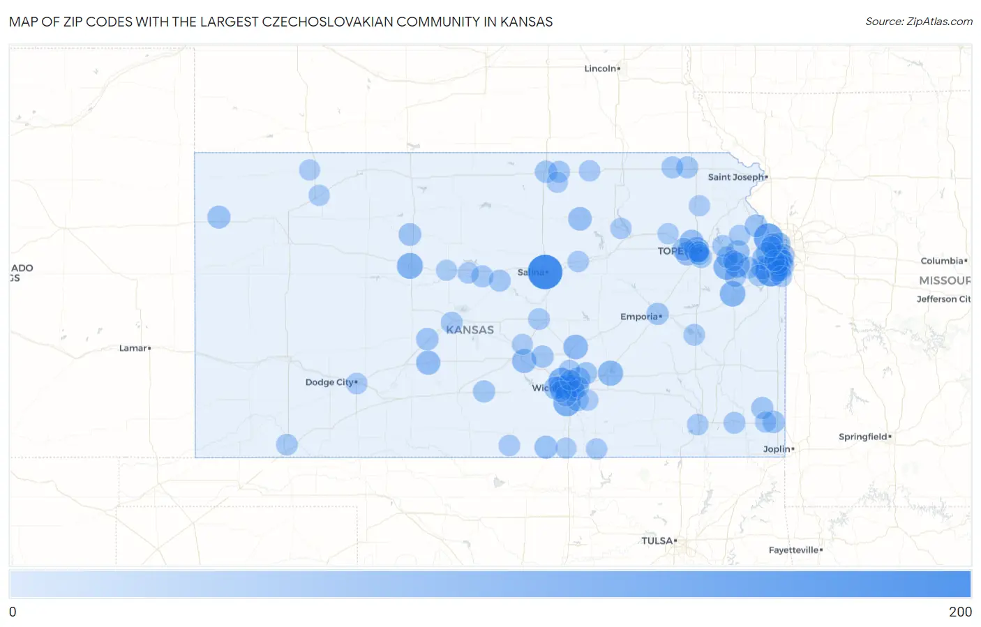 Zip Codes with the Largest Czechoslovakian Community in Kansas Map