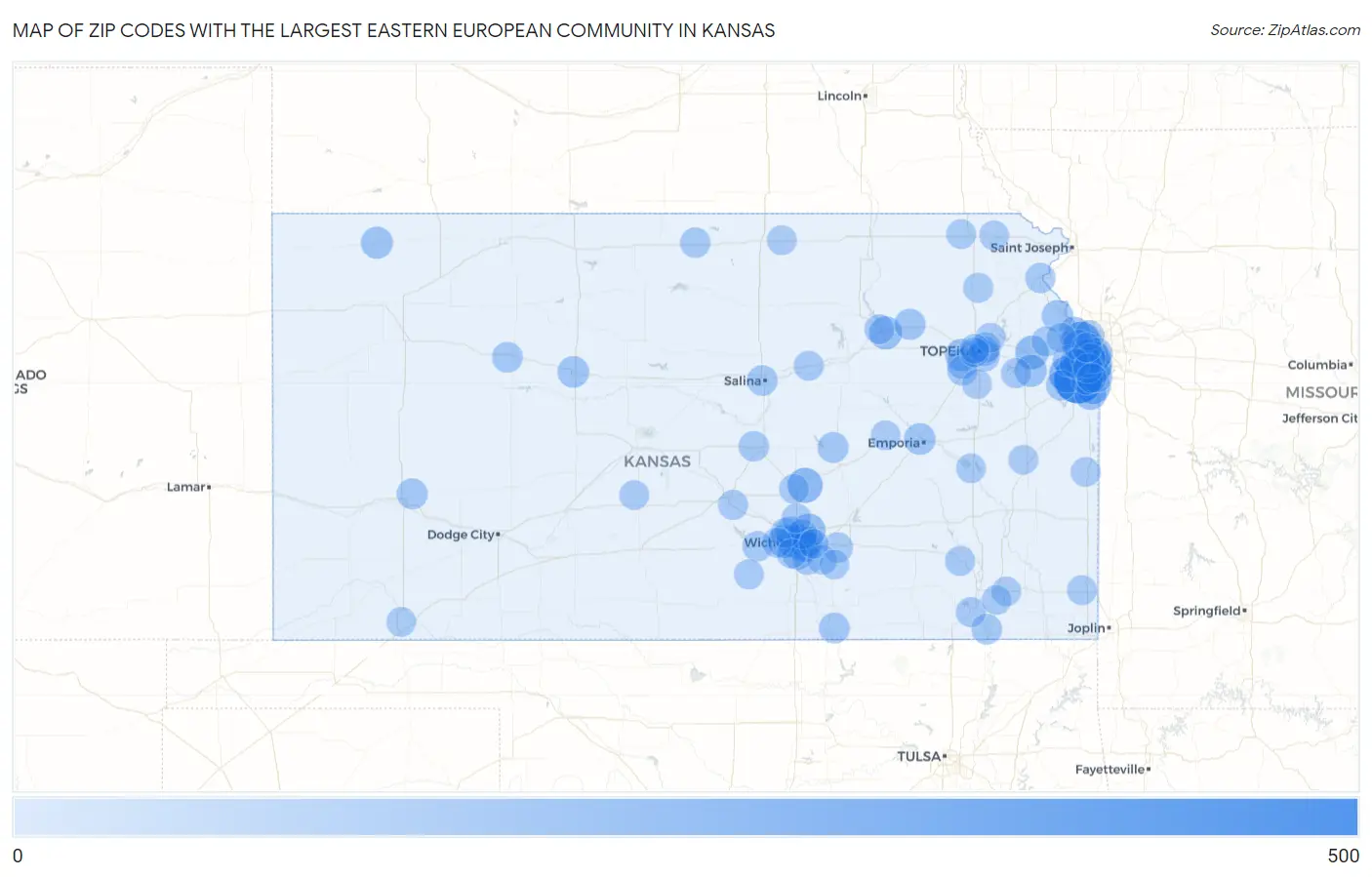 Zip Codes with the Largest Eastern European Community in Kansas Map