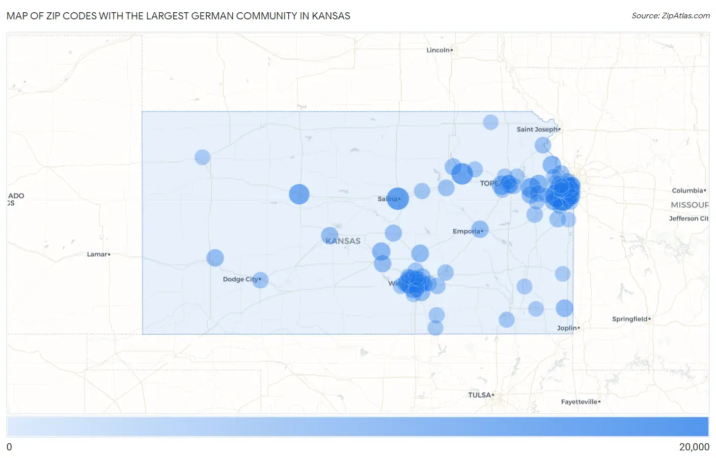 Zip Codes with the Largest German Community in Kansas Map