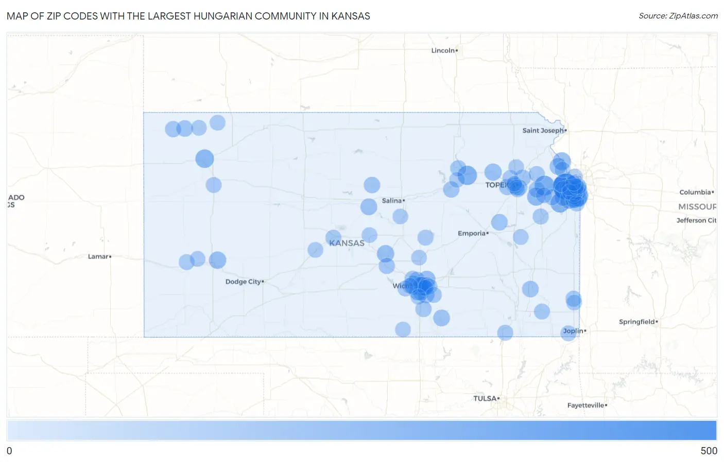 Zip Codes with the Largest Hungarian Community in Kansas Map